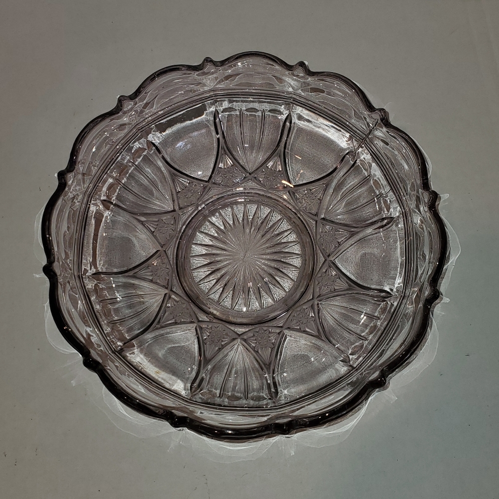 Clear Pink Lavender Tinted Serving Bowl Vintage Glass Star Pattern Frilly Edge